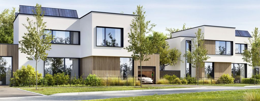 Neue moderne Häuser mit Photovoltaik-Anlagen und e-Auto 